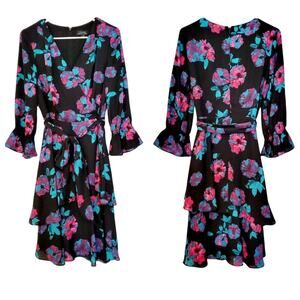 Tahari Arthur S. Levine Floral Black Multicolored Print Ruffle Layers Dress Sz 6